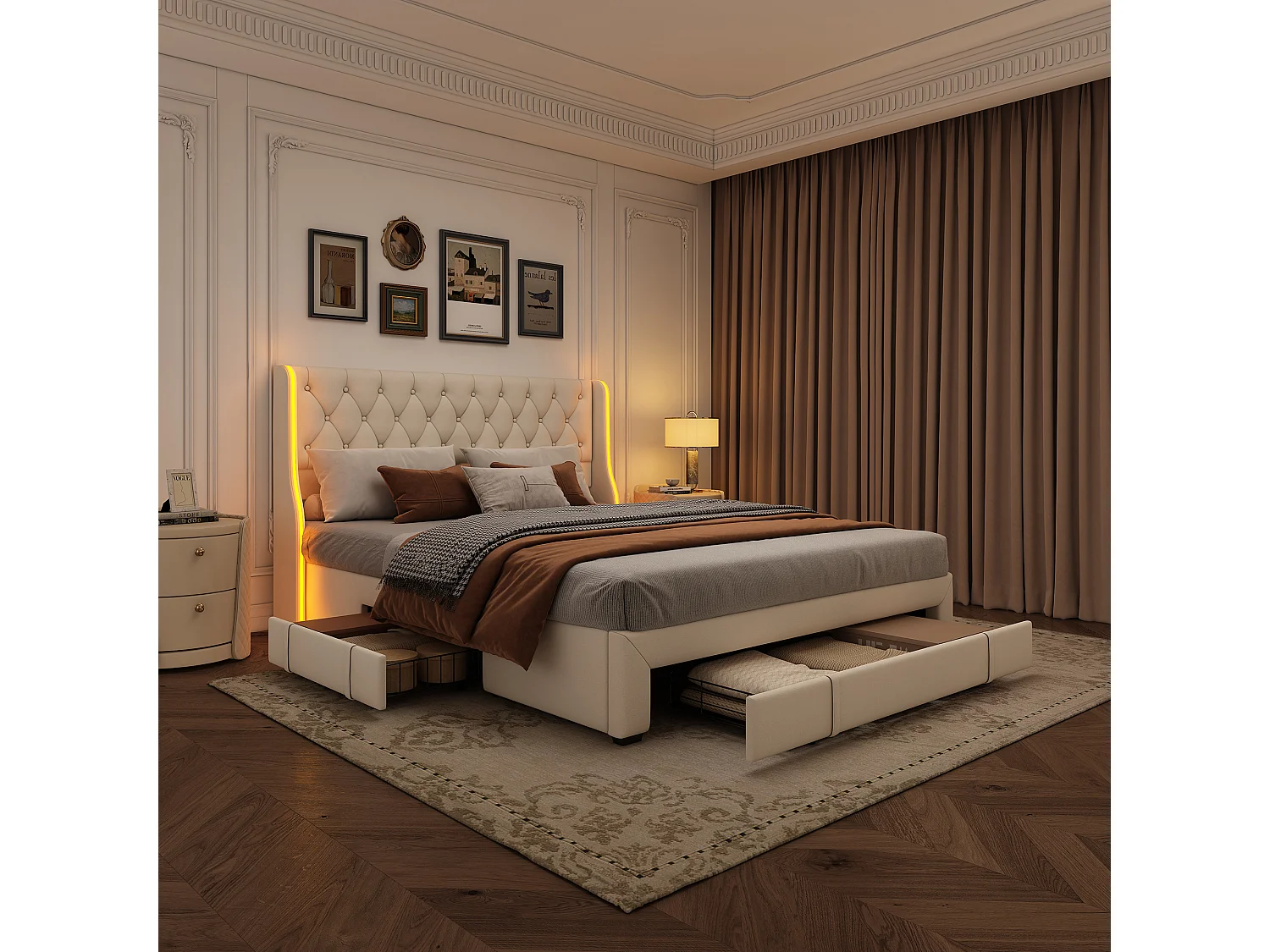 Letto 160x200cm in velluto beige con lampade integrate, 3 cassetti in metallo e testiera ad ala – Design elegante e spazio di archiviazione