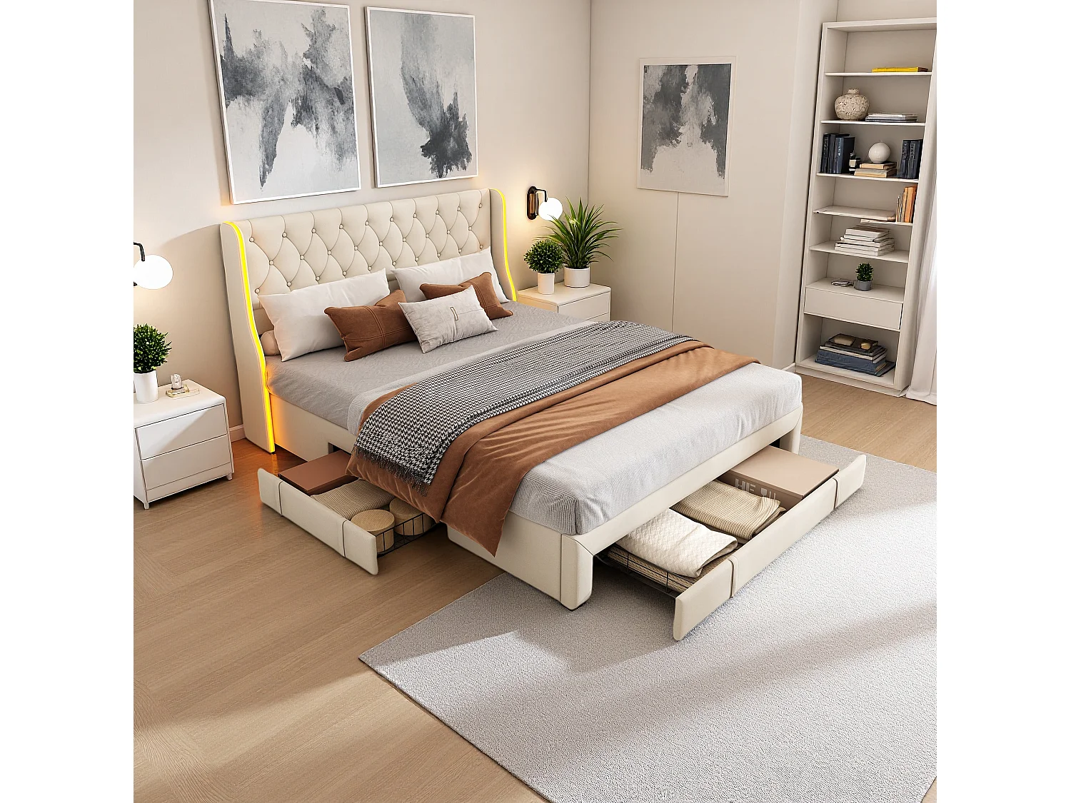 Lit 160x200cm en velours beige avec lampes intégrées, 3 tiroirs métalliques & tête de lit aile – Design élégant & espace de rangement