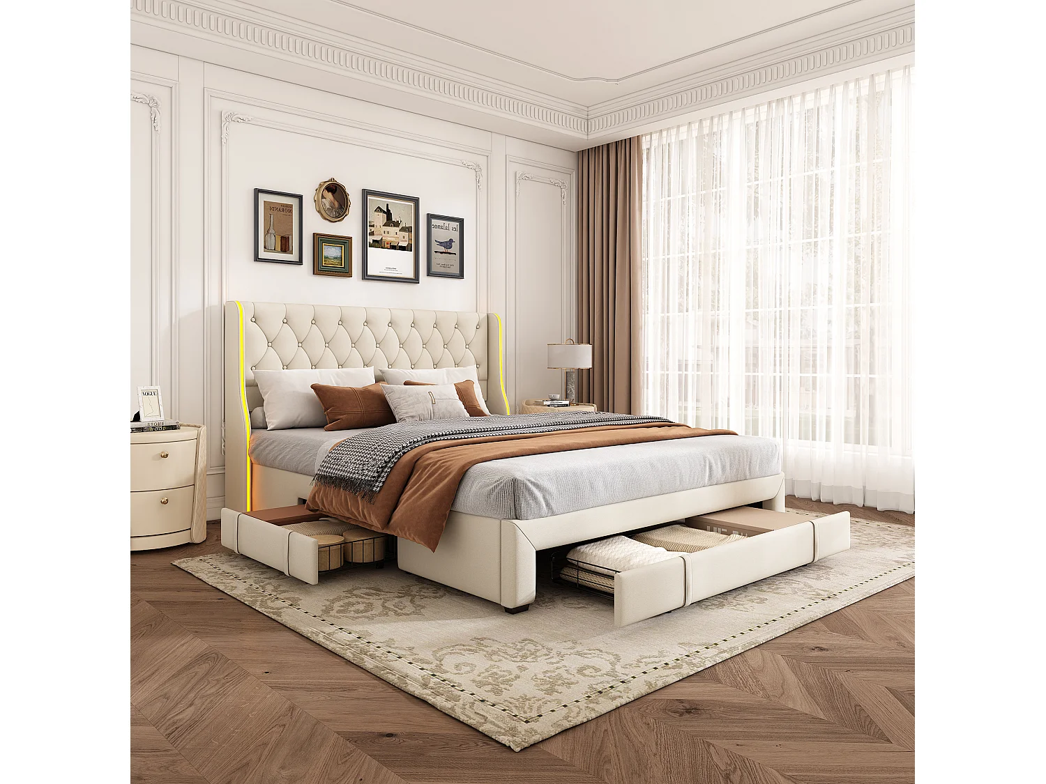 Lit 160x200cm en velours beige avec lampes intégrées, 3 tiroirs métalliques & tête de lit aile – Design élégant & espace de rangement