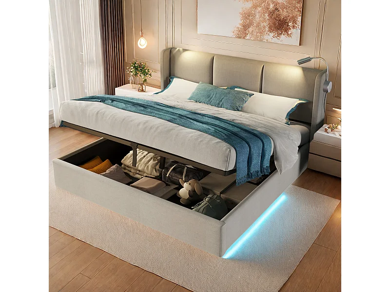 Letto imbottito 160x200 cm in PU beige con testiera, rete a doghe, contenitore idraulico e lampade da lettura con prese di ricarica (senza materasso)