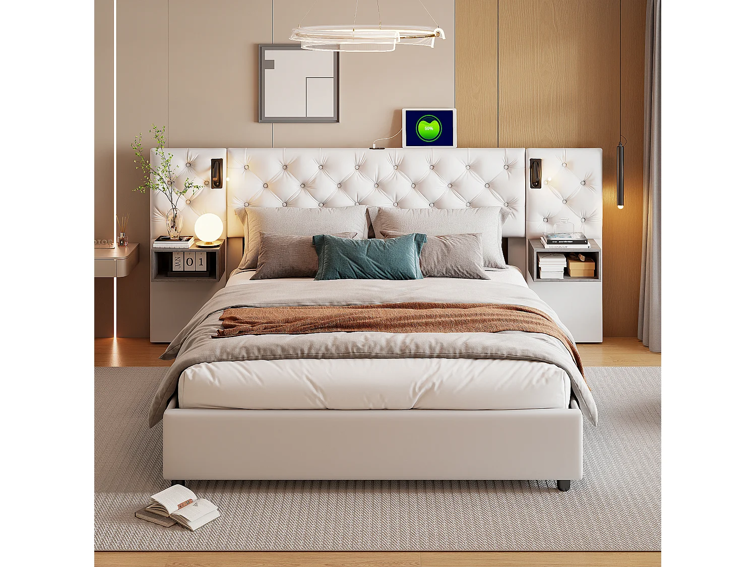 Cama tapizada en blanco de 140x200 cm con elevación a gas, mesitas de noche dobles y lámparas de noche, tela de terciopelo, almacenaje moderno y confort.