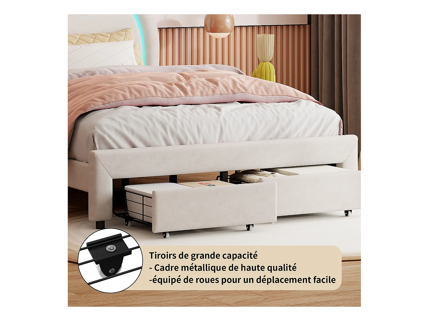 Gestoffeerd bed 140x200, met LED en 2 lades, Tweepersoonsbedframe met in hoogte verstelbaar hoofdbord en houten lattenbodem (zonder matras) Beige