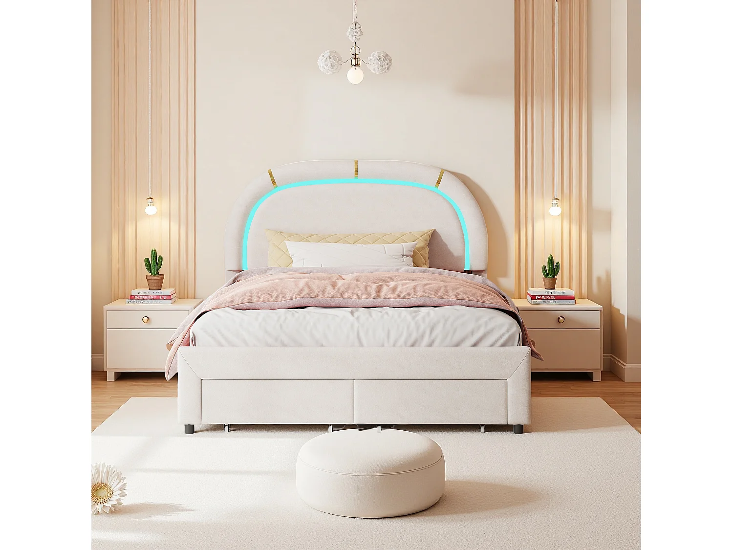 Lit rembourré 140x200, avec LED et 2 Tiroirs, Cadre de lit Double avec tête de lit réglable en Hauteur et à Lattes en Bois (sans Matelas) Beige