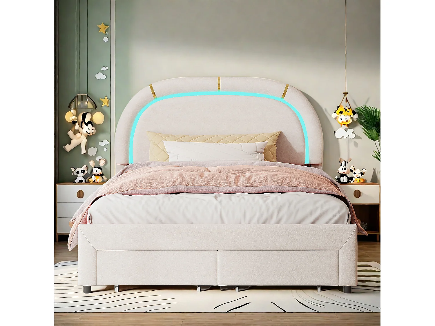 Lit rembourré 140x200, avec LED et 2 Tiroirs, Cadre de lit Double avec tête de lit réglable en Hauteur et à Lattes en Bois (sans Matelas) Beige