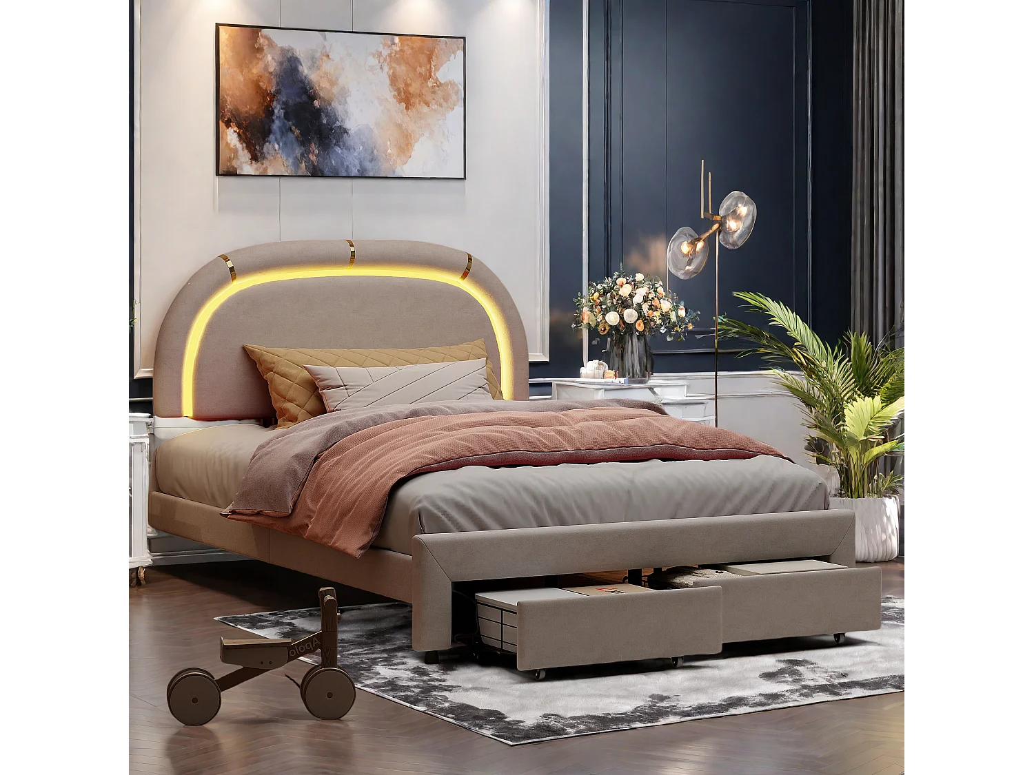 Lit rembourré 140x200, avec LED et 2 Tiroirs, Cadre de lit Double avec tête de lit réglable en Hauteur et à Lattes en Bois (sans Matelas) Beige