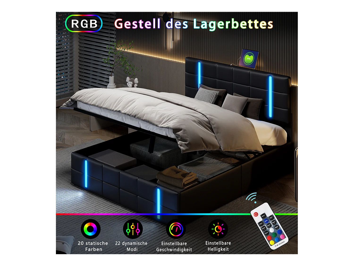 Letto matrimoniale 140x200 cm in similpelle nera con testiera LED in acrilico satinato e 2 porte USB integrate