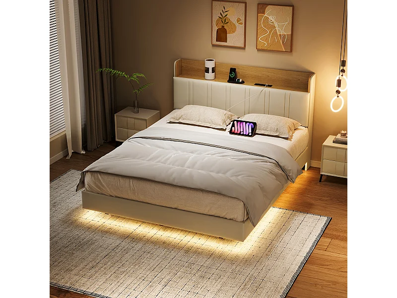 Cama estofada 160x200 cm em PU branco e madeira clara com LED embaixo da cama, armazenamento na cabeceira, duas portas USB e bolsos laterais (colchão não incluído)