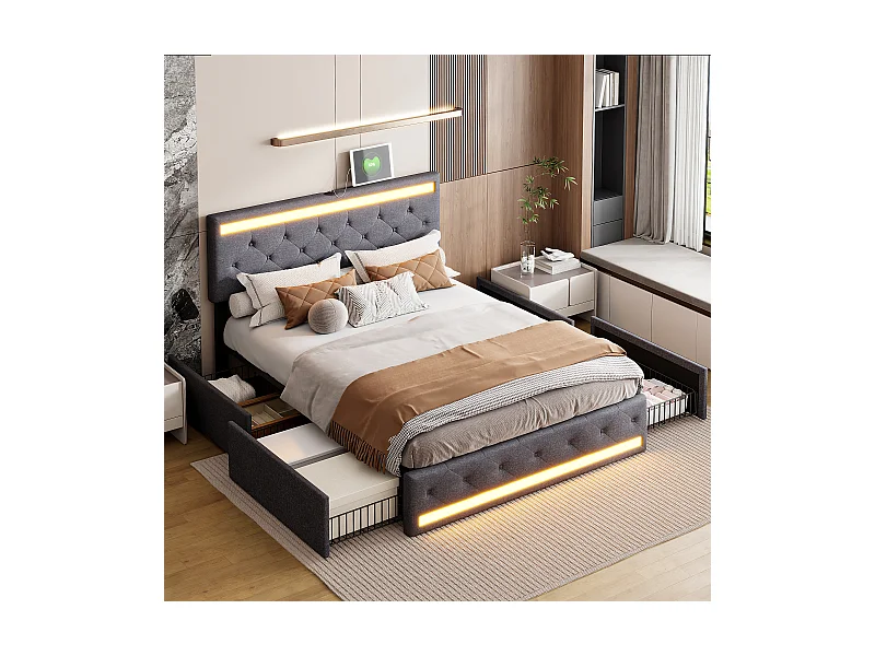 Lit double en lin gris 140x190 cm – LED intégrées, ports USB/Type-C, 4 tiroirs en métal