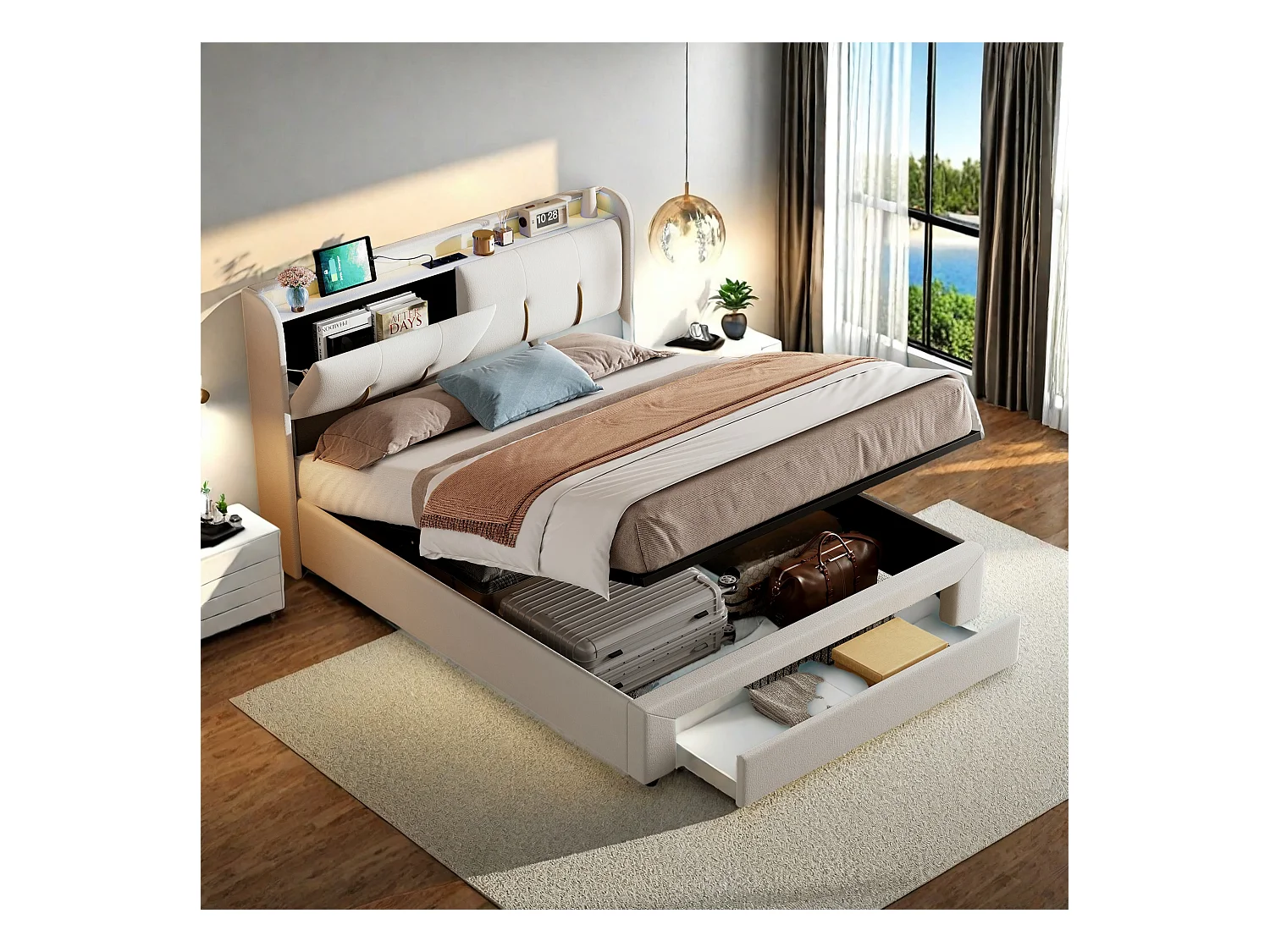 Letto matrimoniale 140x200 cm con box contenitore idraulico, testiera in velluto beige con LED orientabile, porte USB e prese EU integrate