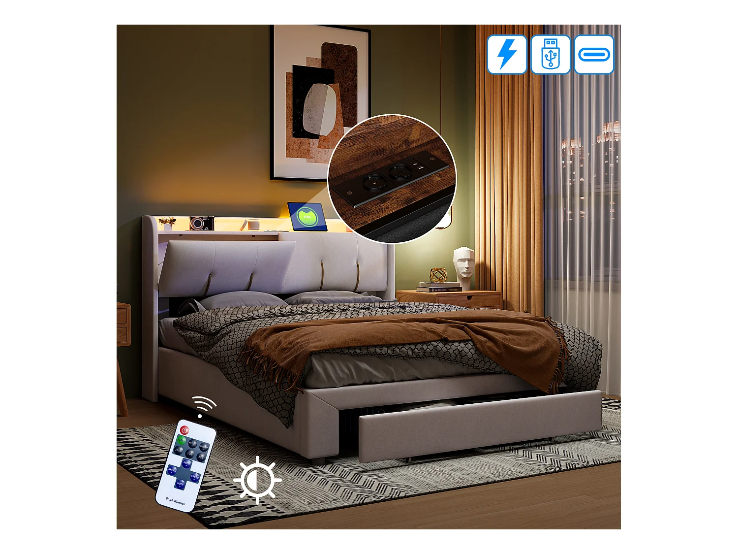 Letto matrimoniale 140x200 cm con box contenitore idraulico, testiera in velluto beige con LED orientabile, porte USB e prese EU integrate