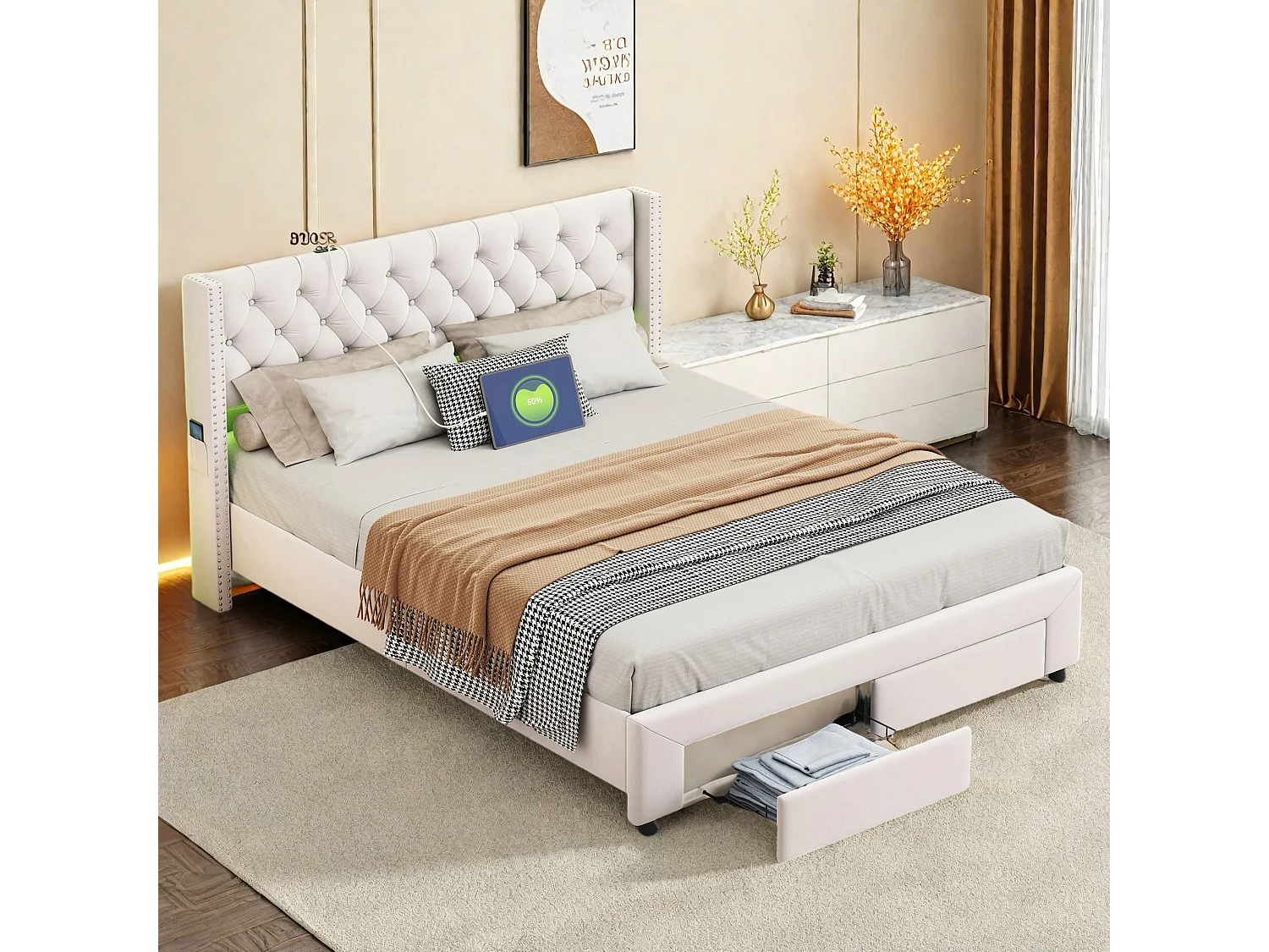 Cama de arrumação 140x190 cm em veludo bege, cabeceira com tachas, 2 gavetas, portas USB, bolsos laterais, faixa de LED removível