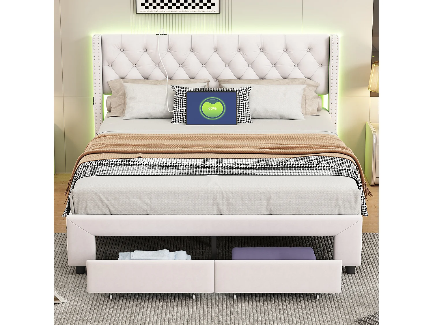 Cama de arrumação 140x190 cm em veludo bege, cabeceira com tachas, 2 gavetas, portas USB, bolsos laterais, faixa de LED removível