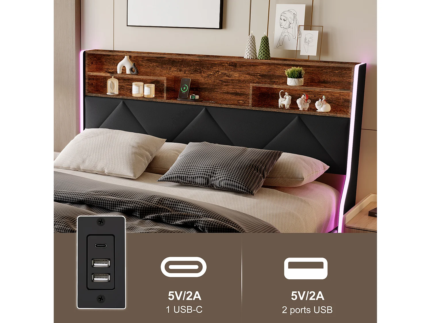 Cama com arrumação 140x200 cm em pele sintética preta e carvalho claro, cabeceira com arrumação, tomadas USB e faixas de LED