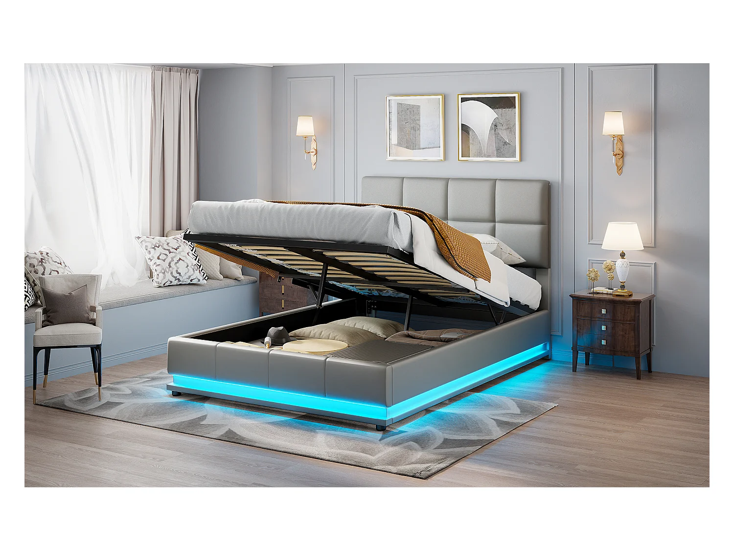 Lit coffre hydraulique LED 140x200 cm en similicuir gris avec télécommande – Lit moderne avec rangement, structure métallique robuste, facile à monter