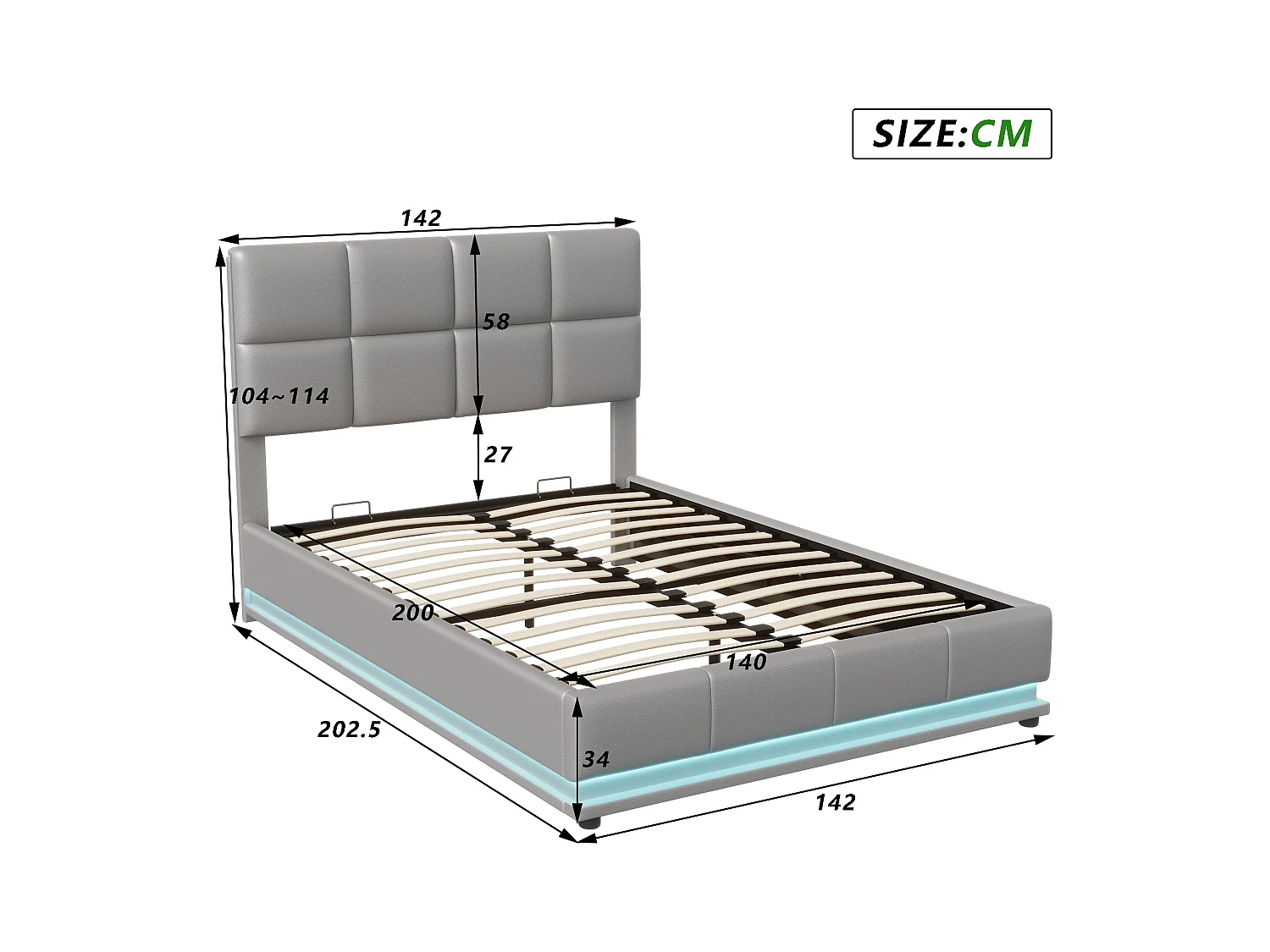 Lit coffre hydraulique LED 140x200 cm en similicuir gris avec télécommande – Lit moderne avec rangement, structure métallique robuste, facile à monter