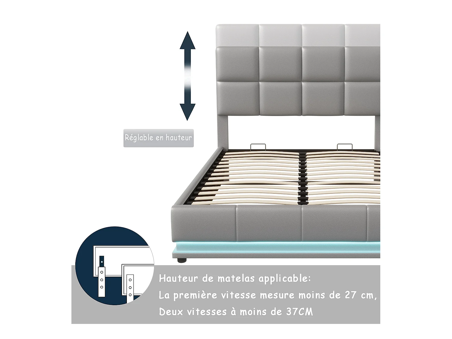 Lit coffre hydraulique LED 140x200 cm en similicuir gris avec télécommande – Lit moderne avec rangement, structure métallique robuste, facile à monter