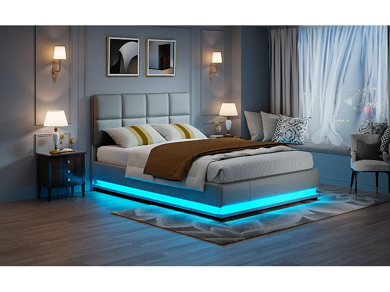 Lit coffre hydraulique LED 140x200 cm en similicuir gris avec télécommande – Lit moderne avec rangement, structure métallique robuste, facile à monter