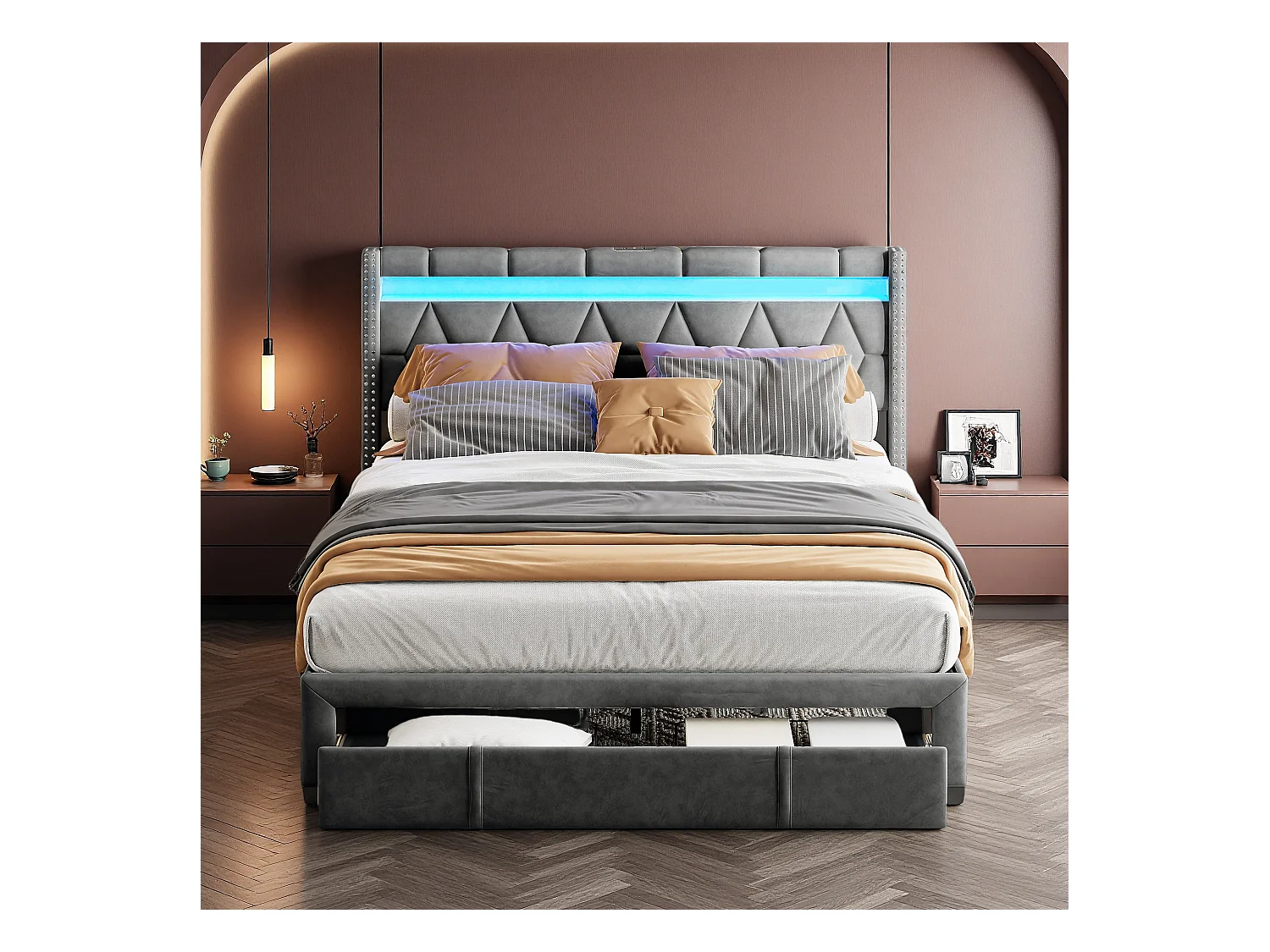 Lit 140x200 cm avec tête de lit losange, éclairage LED et ports USB, 4 tiroirs en métal, revêtement en lin gris, design moderne et pratique