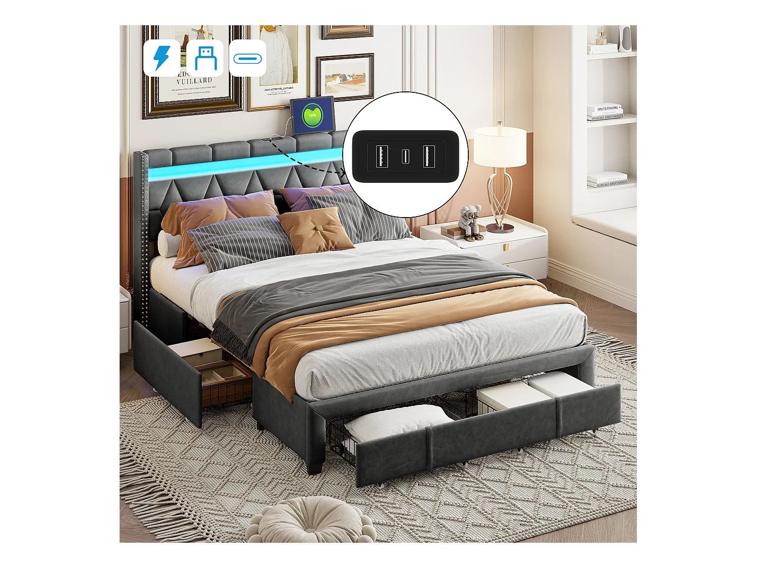 Lit 140x200 cm avec tête de lit losange, éclairage LED et ports USB, 4 tiroirs en métal, revêtement en lin gris, design moderne et pratique