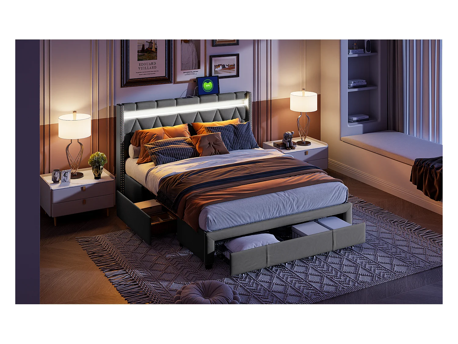 Lit 140x200 cm avec tête de lit losange, éclairage LED et ports USB, 4 tiroirs en métal, revêtement en lin gris, design moderne et pratique