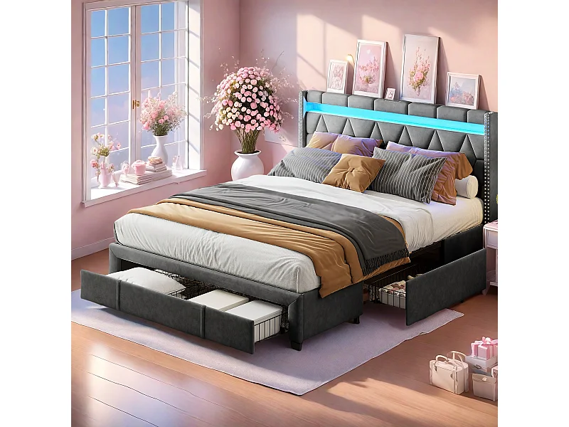 Bed van 140x200 cm met ruitvormig hoofdeinde, ledverlichting en USB-poorten, 4 metalen lades, grijze linnen bekleding, modern en praktisch design