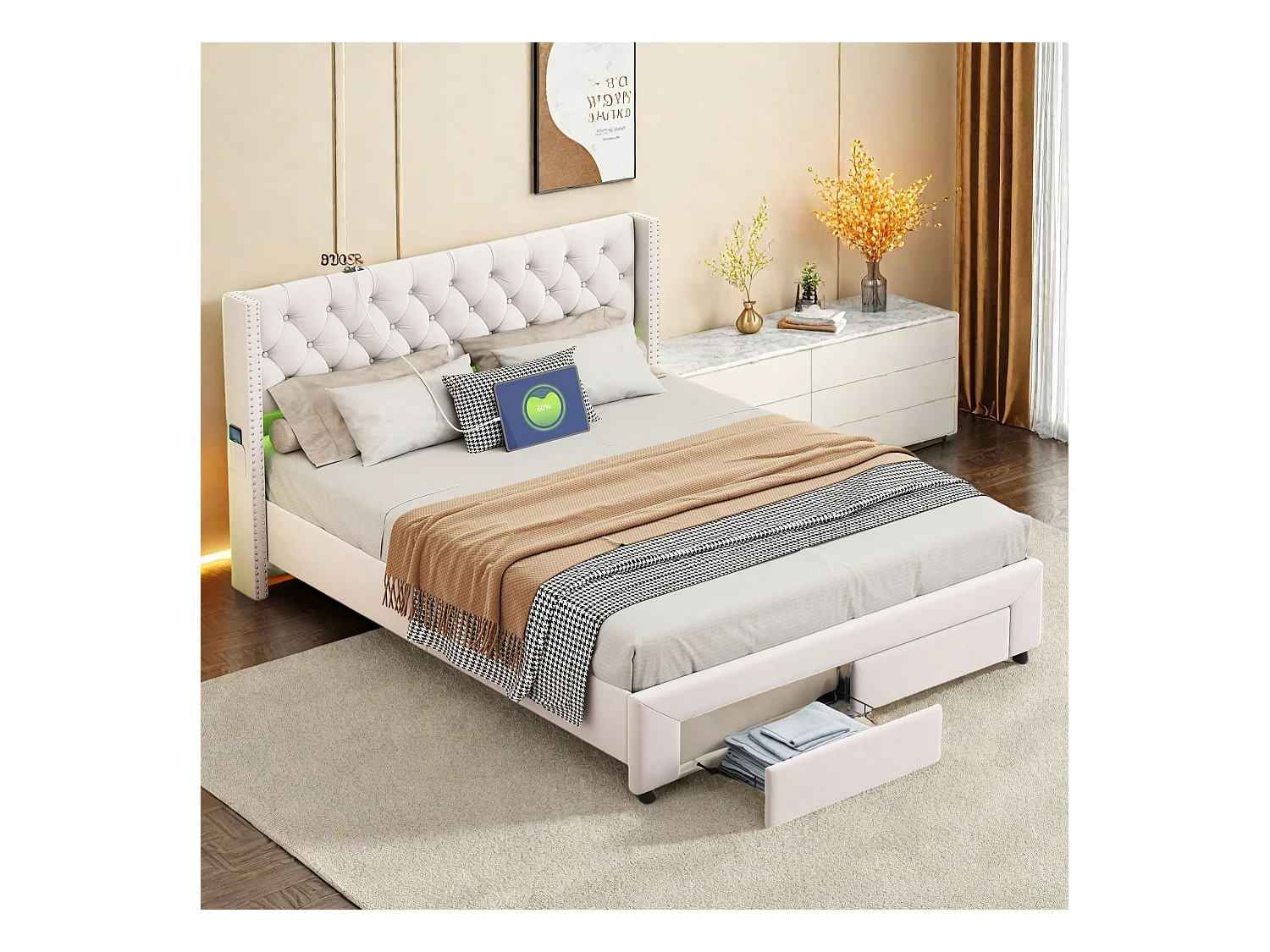 Letto contenitore 160x200 cm in velluto beige, testiera con borchie, 2 cassetti, porte USB, tasche laterali, striscia LED rimovibile