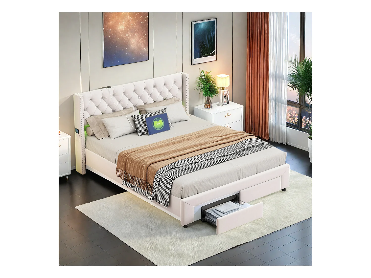 Letto contenitore 160x200 cm in velluto beige, testiera con borchie, 2 cassetti, porte USB, tasche laterali, striscia LED rimovibile