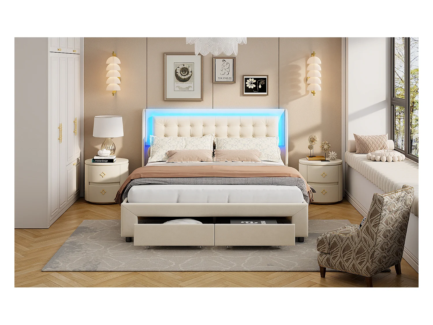 Letto contenitore 140x190 cm in velluto beige con martinetti idraulici, testiera con LED multicolore e cassetto contenitore ai piedi del letto