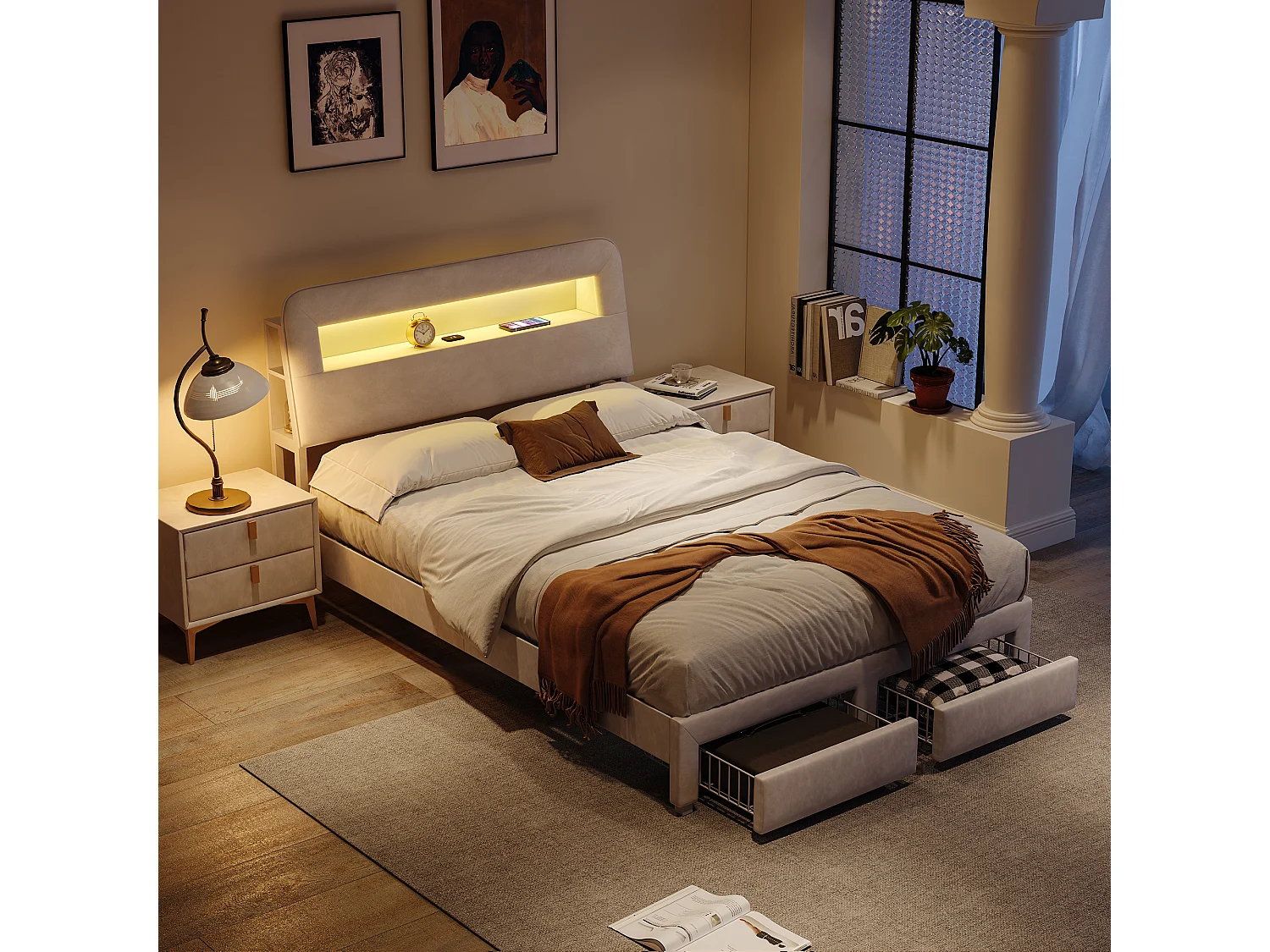 Cama de arrumação 160x200 cm em veludo bege, cabeceira com arrumação, portas de carregamento USB, iluminação LED integrada, 2 gavetas de arrumação