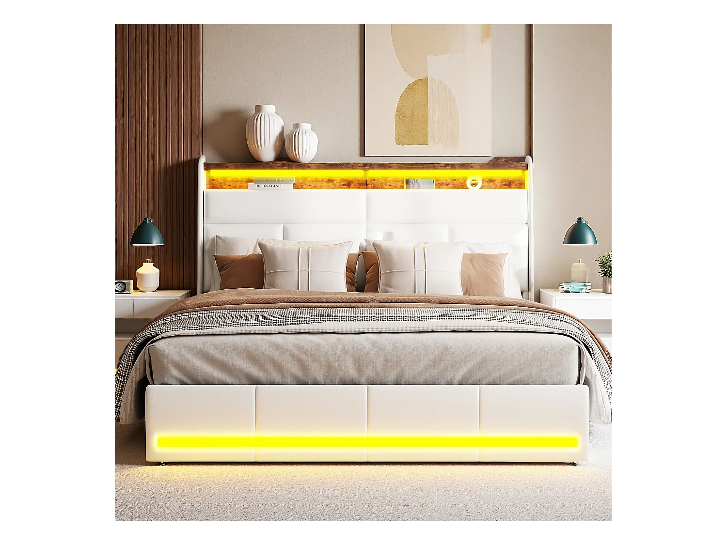 Wit gestoffeerd bed 140x200 cm in PU, met LED- en USB-aansluitingen, hydraulisch te openen bedbodem, grote opbergruimte (zonder matras)