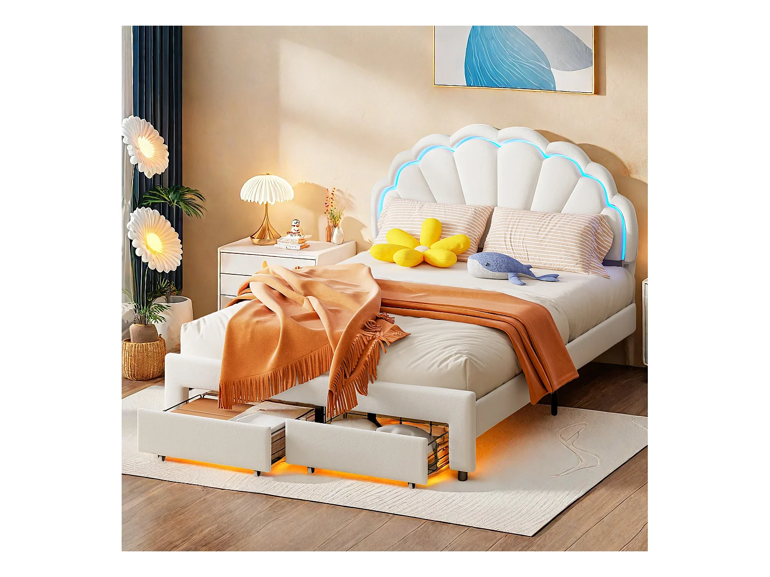 Cama infantil tapizada de 140 x 200 con iluminación LED y 2 cajones, cabecero con forma de flor y concha, base de láminas