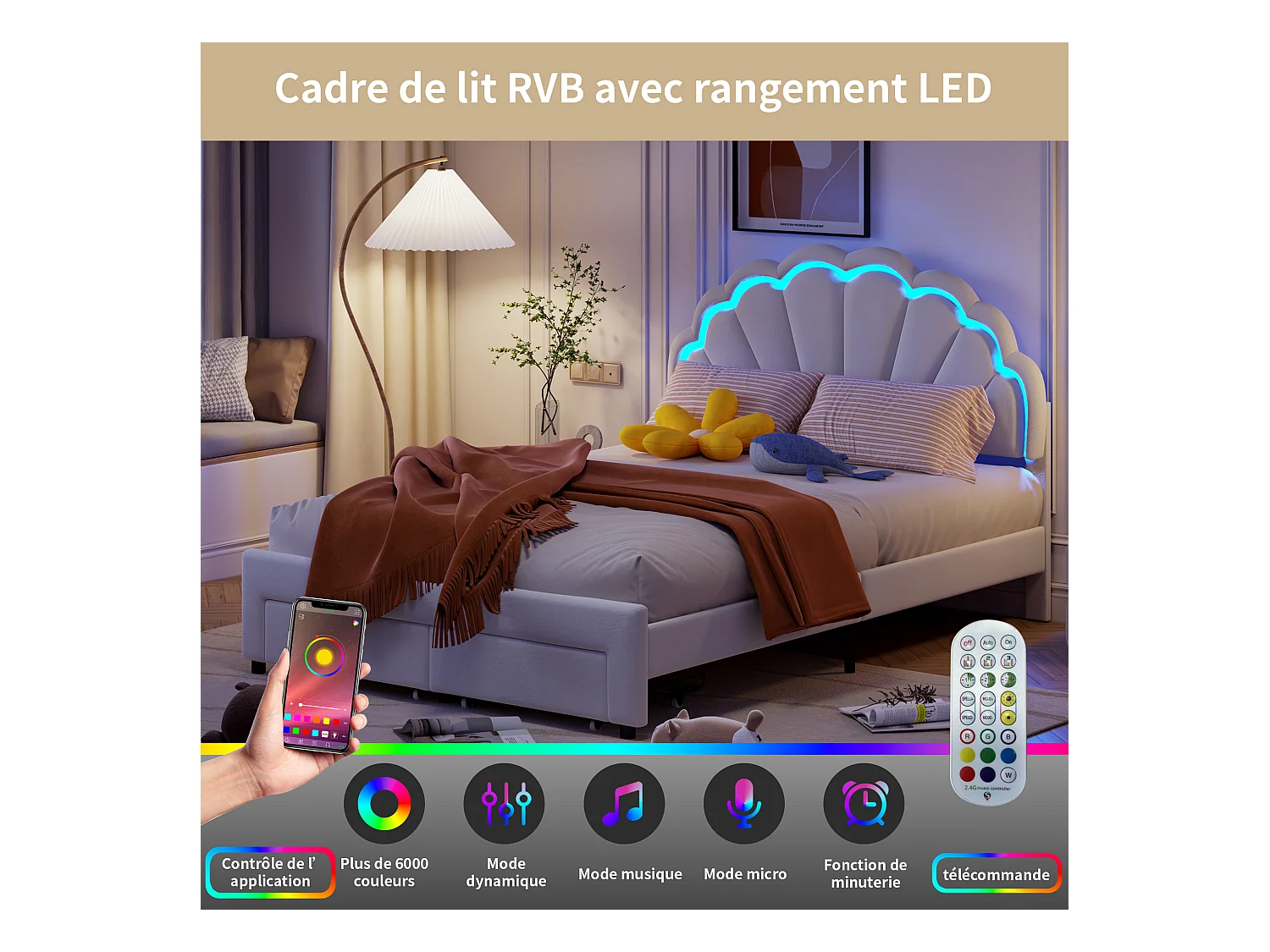 Cama infantil tapizada de 140 x 200 con iluminación LED y 2 cajones, cabecero con forma de flor y concha, base de láminas