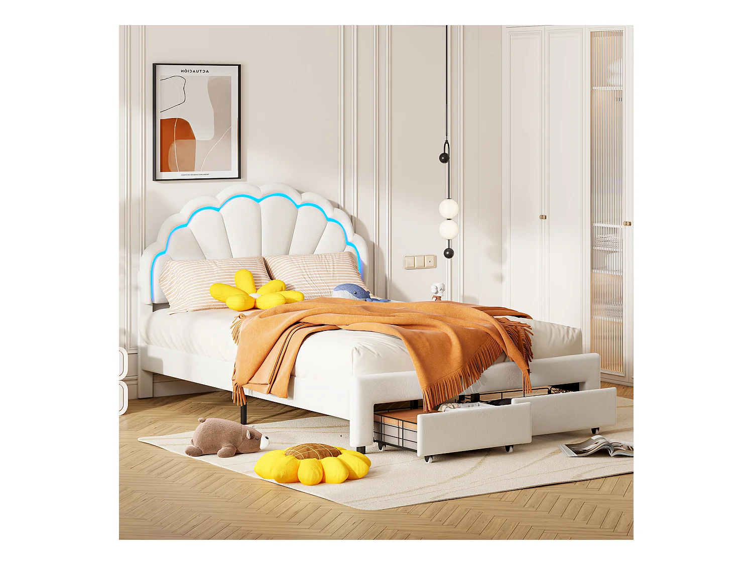 Cama infantil tapizada de 140 x 200 con iluminación LED y 2 cajones, cabecero con forma de flor y concha, base de láminas