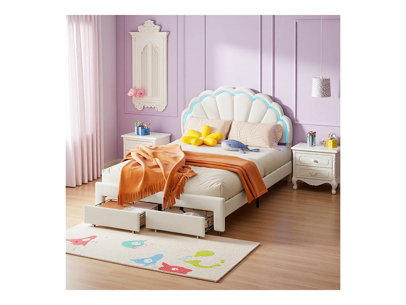 Cama infantil tapizada de 140 x 200 con iluminación LED y 2 cajones, cabecero con forma de flor y concha, base de láminas