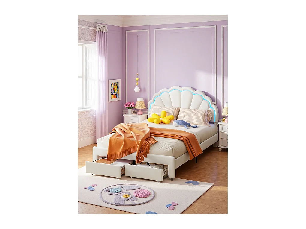 Cama infantil tapizada de 140 x 200 con iluminación LED y 2 cajones, cabecero con forma de flor y concha, base de láminas