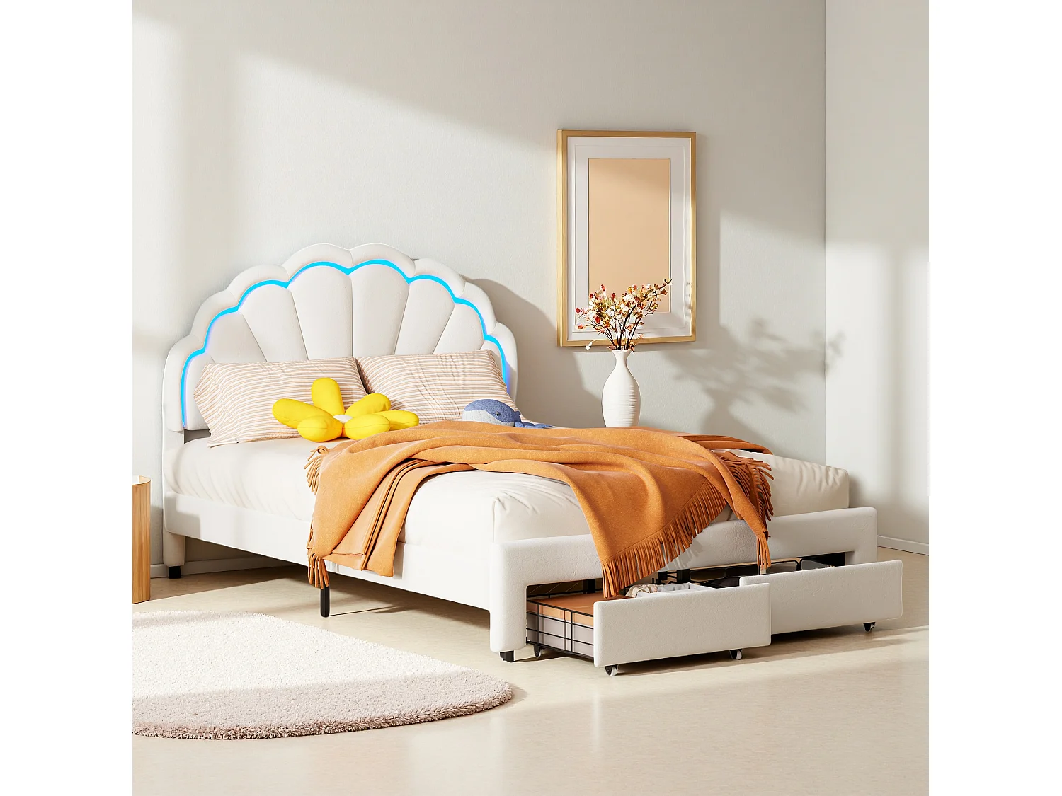 Lit pour Enfant rembourré 140 x 200 avec Éclairage LED et 2 tiroirs, tête de lit en Forme de Fleur en Forme de Coquillage, Sommier à Lattes