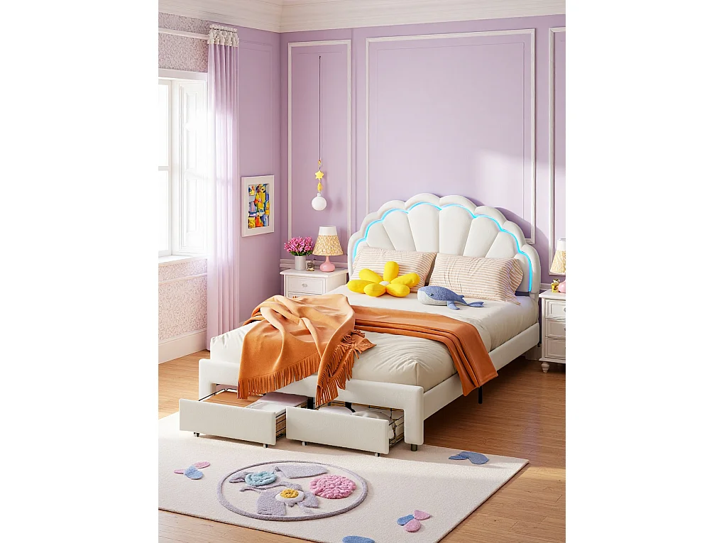 Lit pour Enfant rembourré 140 x 200 avec Éclairage LED et 2 tiroirs, tête de lit en Forme de Fleur en Forme de Coquillage, Sommier à Lattes