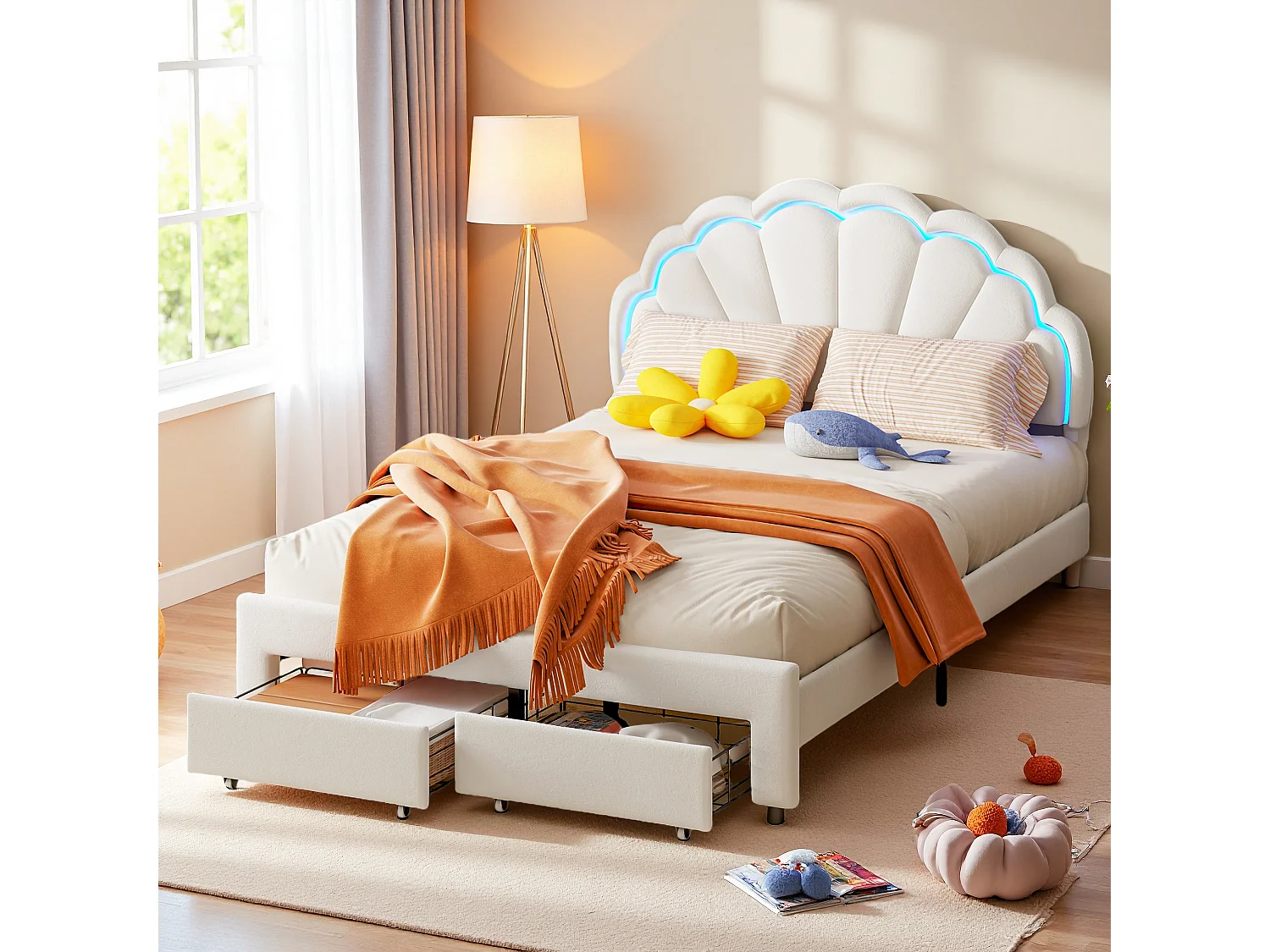 Lit pour Enfant rembourré 140 x 200 avec Éclairage LED et 2 tiroirs, tête de lit en Forme de Fleur en Forme de Coquillage, Sommier à Lattes