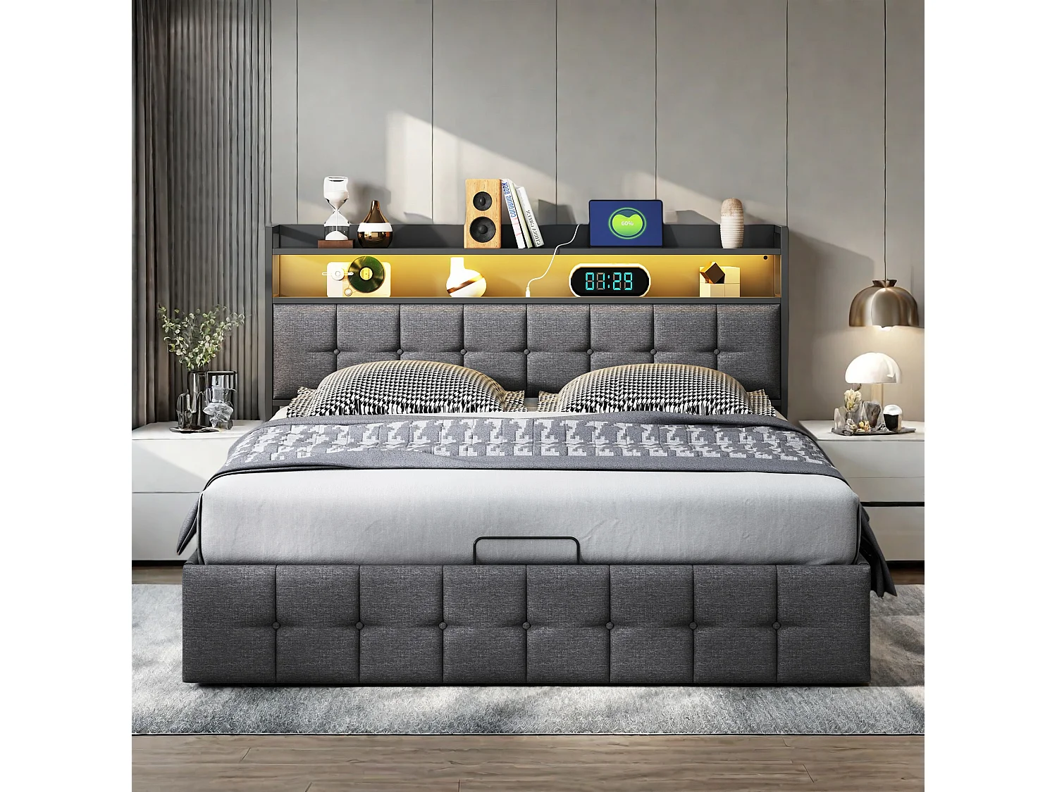 Cama canapé de 140x190 cm en símil piel gris con LED RGB, cabecero con tomas USB/Tipo C y almacenaje integrado.