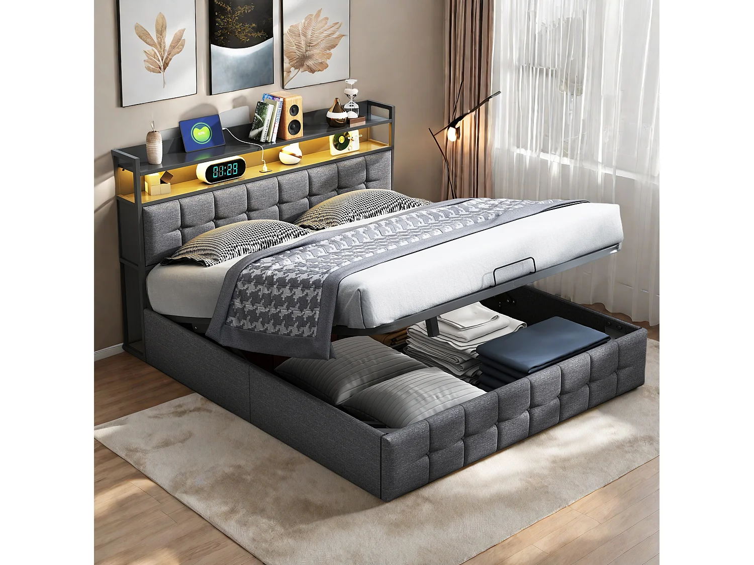 Cama canapé de 140x190 cm en símil piel gris con LED RGB, cabecero con tomas USB/Tipo C y almacenaje integrado.