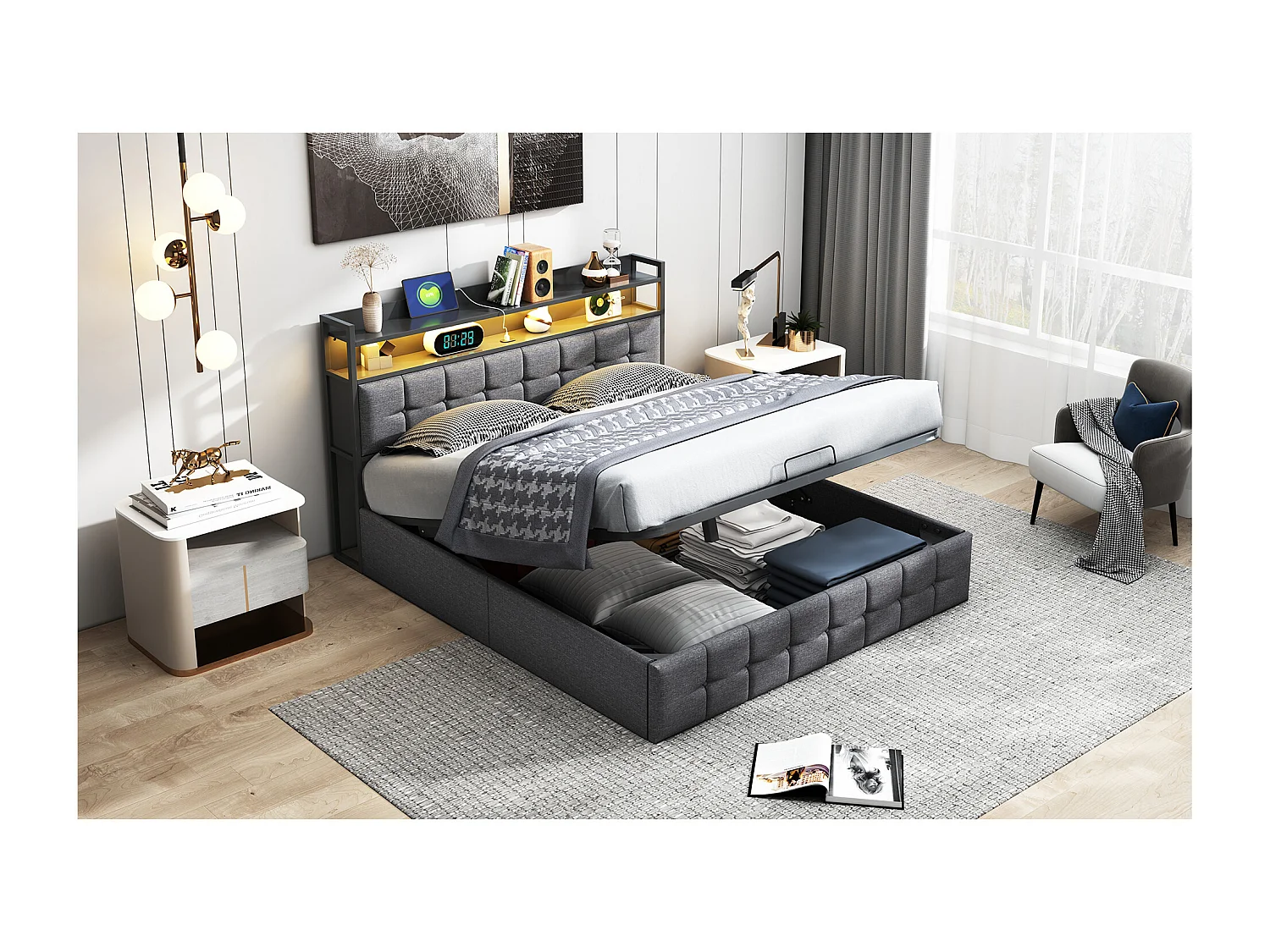 Cama canapé de 140x190 cm en símil piel gris con LED RGB, cabecero con tomas USB/Tipo C y almacenaje integrado.