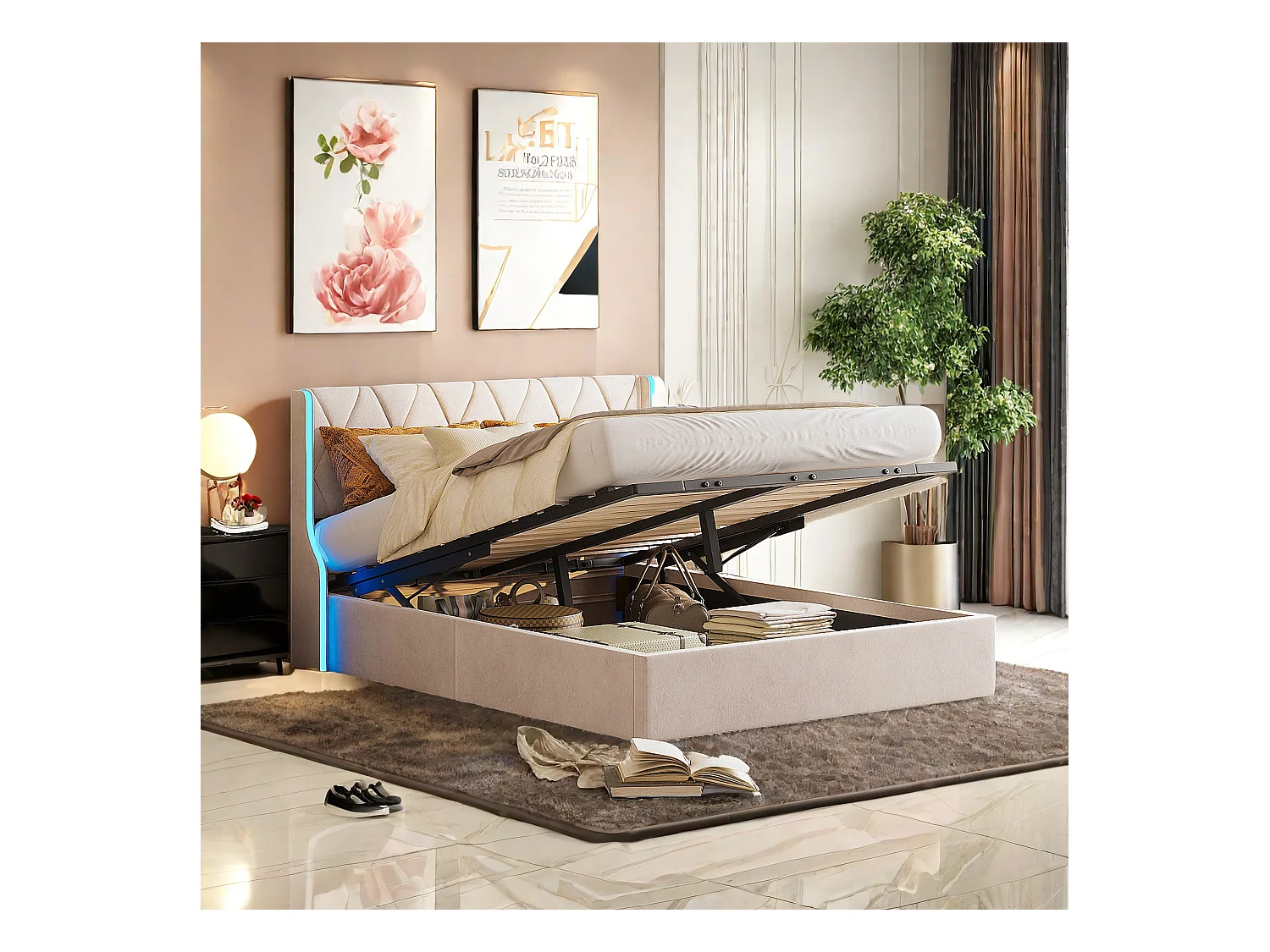 Opbergbed 140 x 200, tweepersoonsbed met lattenbodem, gestoffeerd bed met opbergruimte, hoofdbord met verstelbare ledverlichting, fluweel, beige