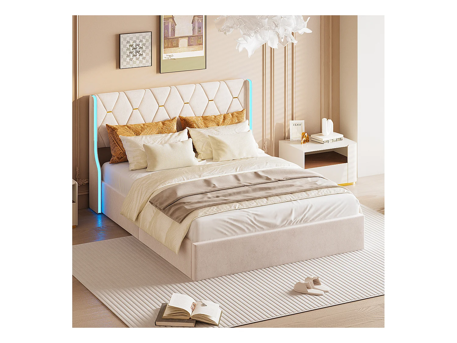 Opbergbed 140 x 200, tweepersoonsbed met lattenbodem, gestoffeerd bed met opbergruimte, hoofdbord met verstelbare ledverlichting, fluweel, beige