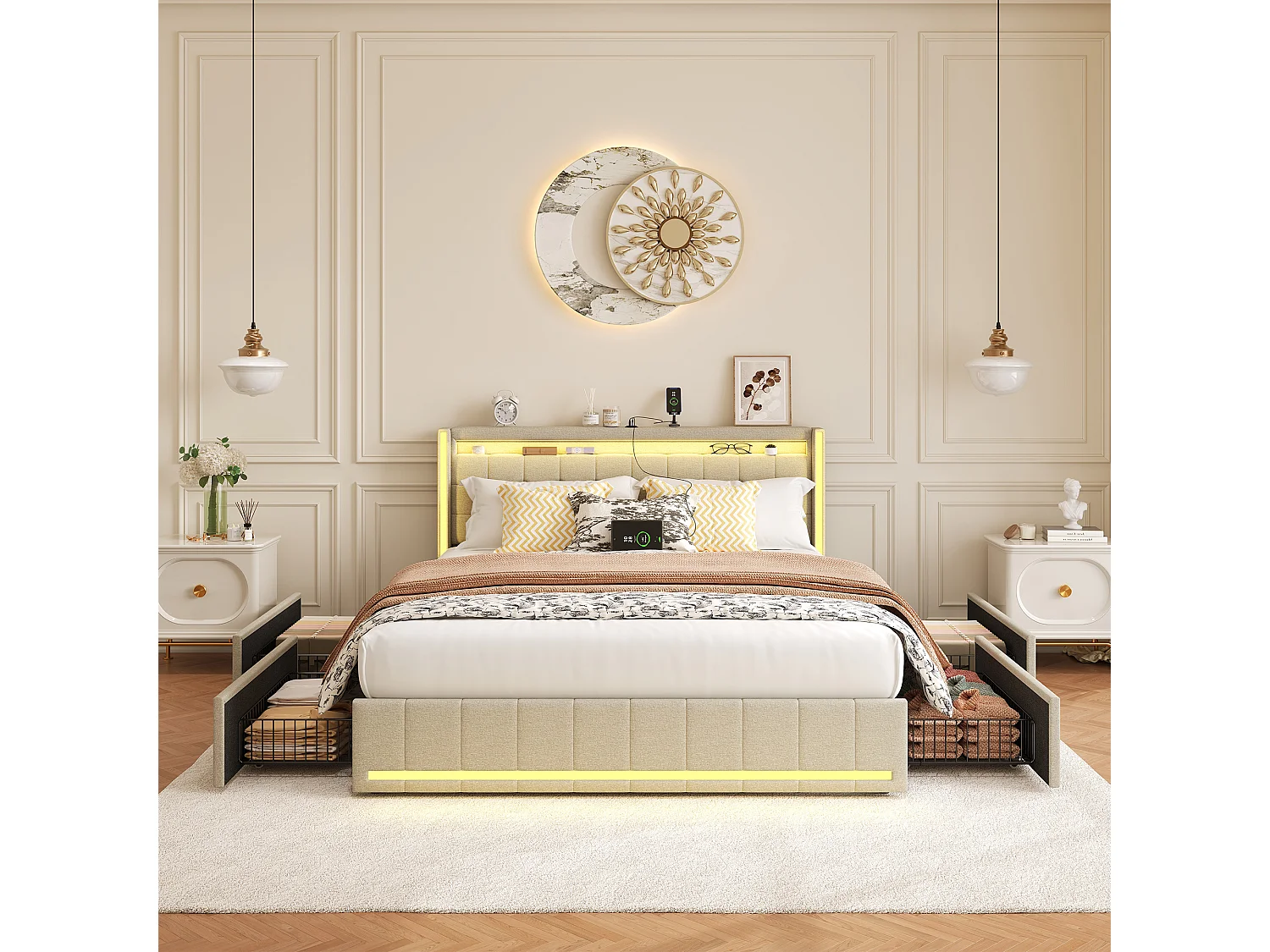 Lit double 140x200 cm en lin beige – Tête et pied de lit avec LED, 4 tiroirs métalliques, ports USB & Type-C
