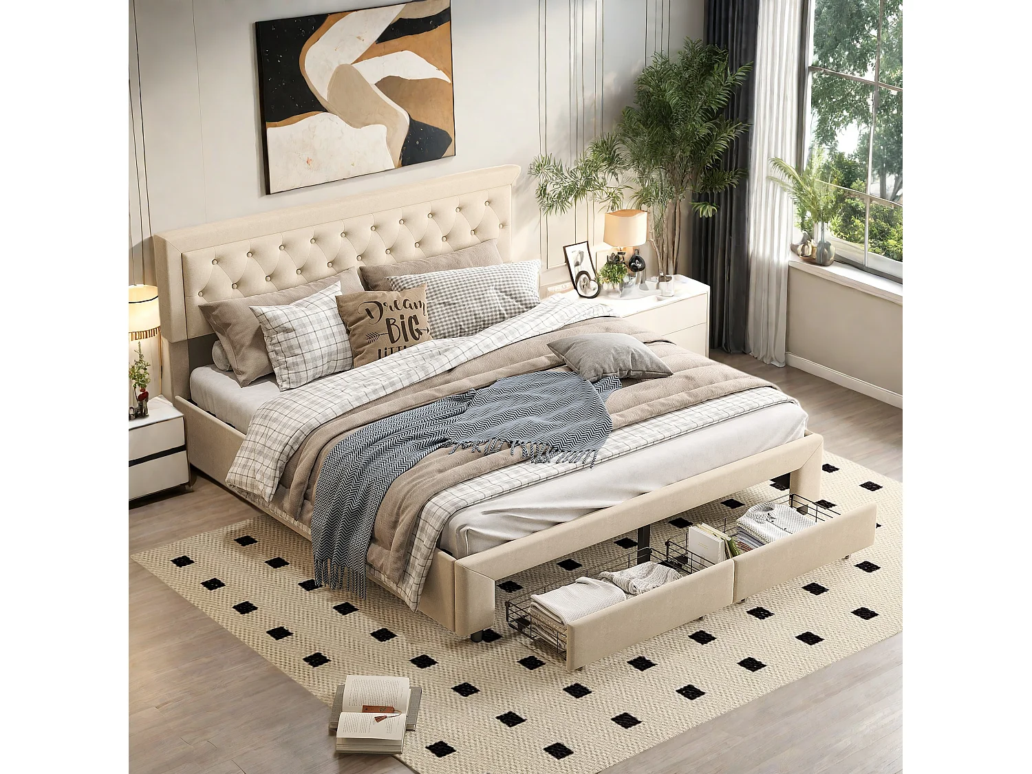 Lit coffre beige 160 x 200 cm, en velours, avec tête de lit rembourrée réglable en hauteur, lit coffre avec tiroirs et lattes en bois