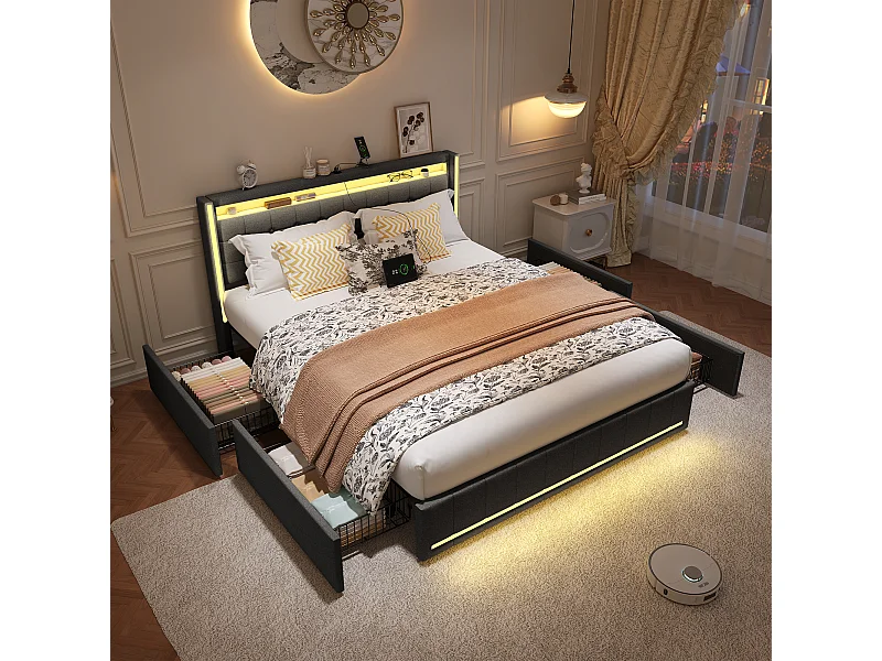 Lit double 140x200 cm en tissu lin gris avec LED intégrées, tête et pied de lit lumineux, 4 tiroirs de rangement, ports USB & Type-C