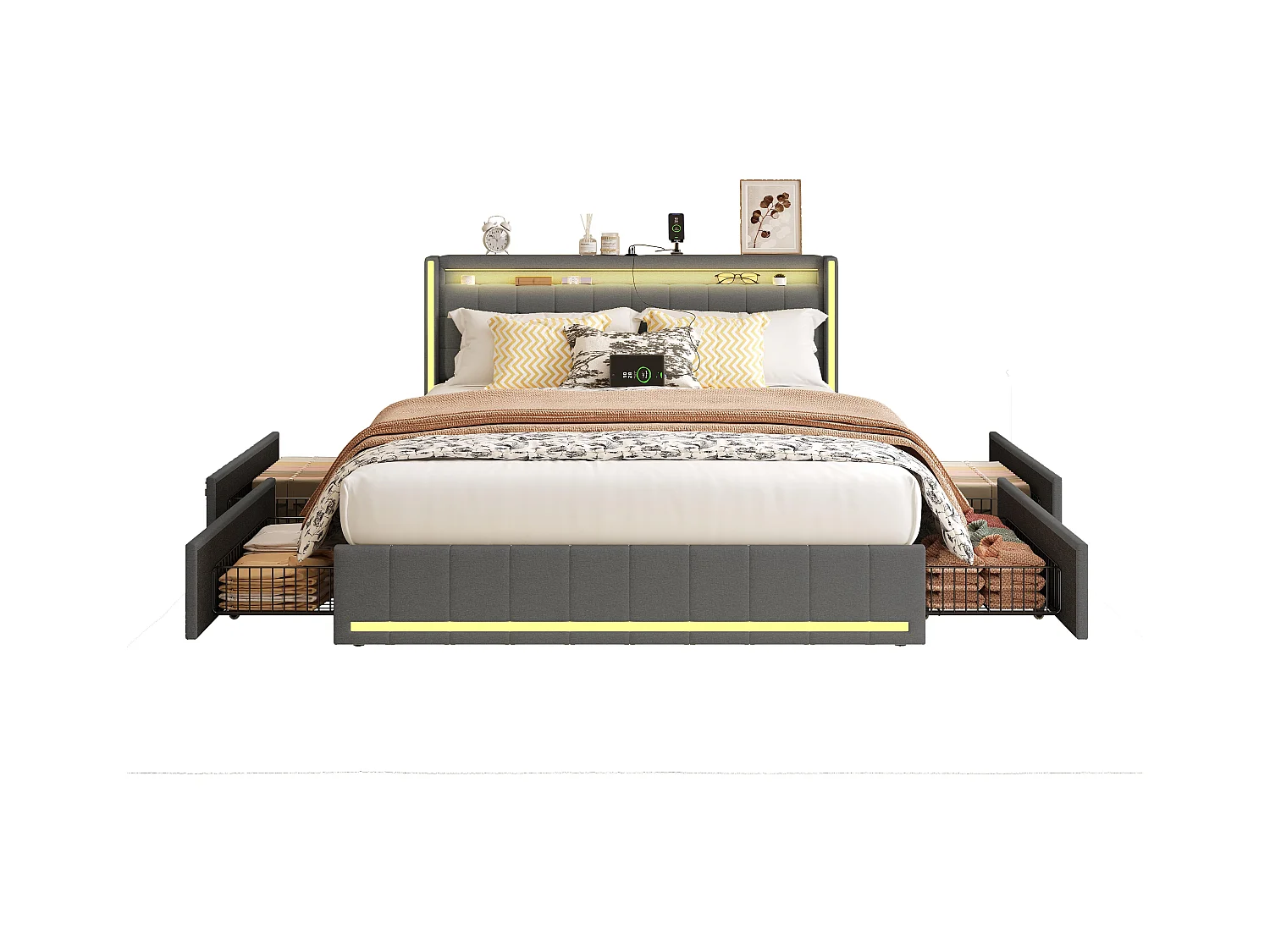 Lit double 140x200 cm en tissu lin gris avec LED intégrées, tête et pied de lit lumineux, 4 tiroirs de rangement, ports USB & Type-C