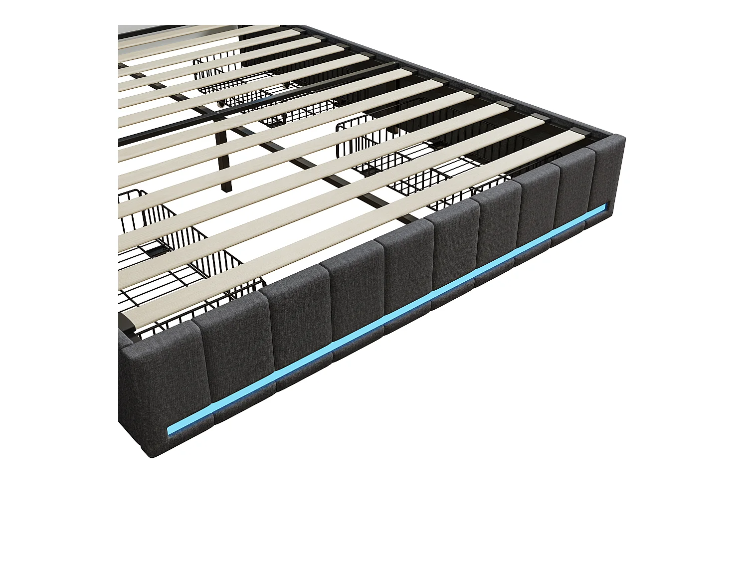 Lit double 140x200 cm en tissu lin gris avec LED intégrées, tête et pied de lit lumineux, 4 tiroirs de rangement, ports USB & Type-C