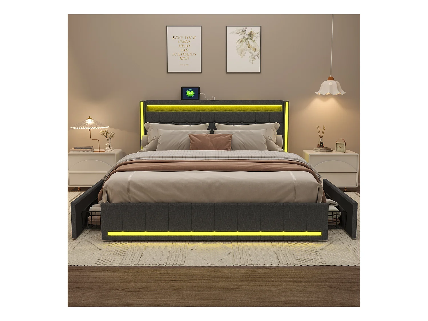 Lit double 140x200 cm en tissu lin gris avec LED intégrées, tête et pied de lit lumineux, 4 tiroirs de rangement, ports USB & Type-C