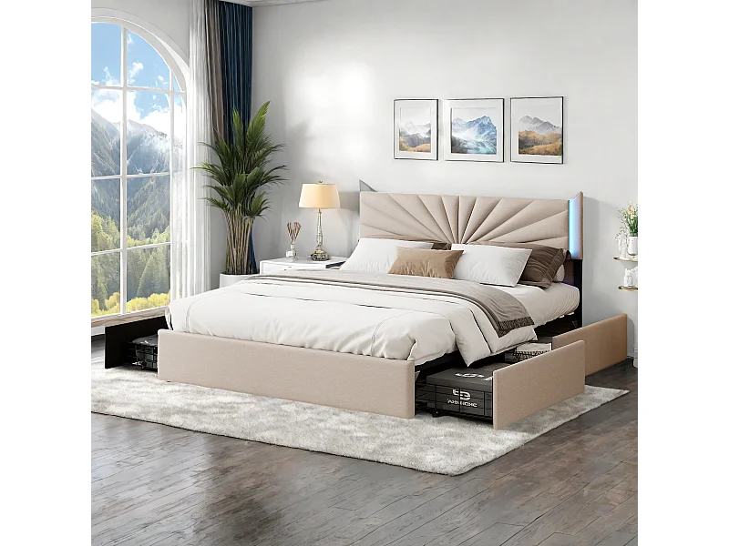 Letto matrimoniale 160x200 cm in lino con LED, robusta rete a doghe, 4 cassetti integrati, design moderno e pratico per 2 persone (senza materasso)